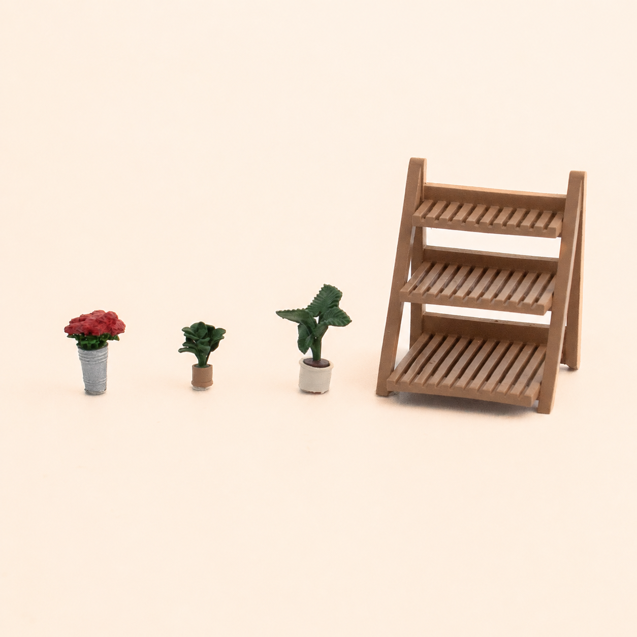 1:64 Potted Plants Miniature Diorama Prop Series - Philodendron Hastatum, Small Rubber Plant, Rose Flower Bucket & Flower Stand Small Prop Set