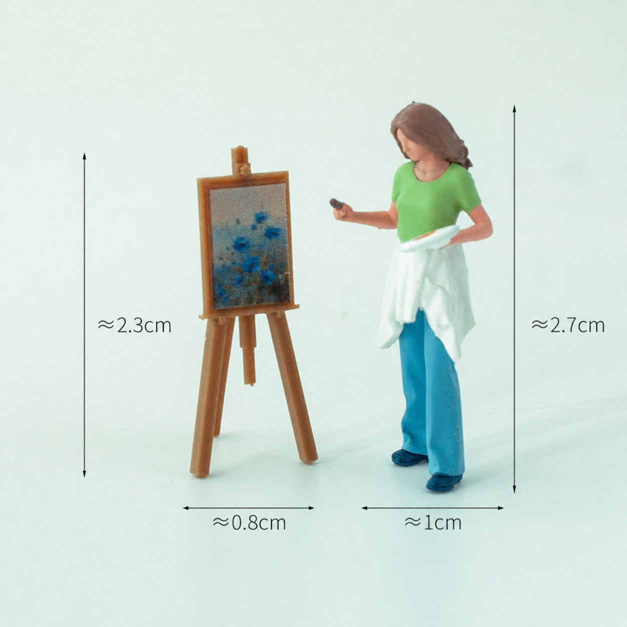 1:64 Artists & Painting Miniature Diorama Series - Standing Female Painter in Light Green Top with Vertical Drawing Board Diorama Set