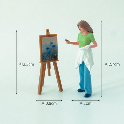 1:64 Artists & Painting Miniature Diorama Series - Standing Female Painter in Light Green Top with Vertical Drawing Board Diorama Set