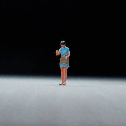 1:64 Street Hot Dog & Ice Cream Miniature Diorama Series - Standing Woman in Light Blue Outfit Pouring Sauce Figure