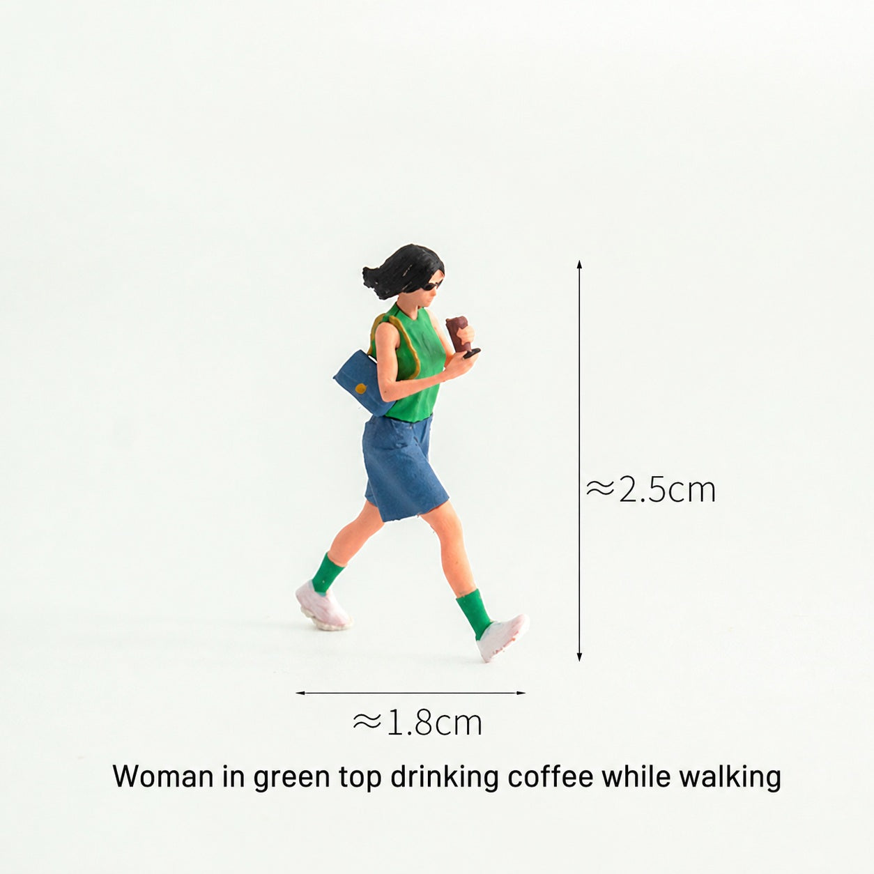 1:64 Street Coffee Miniature Diorama Series - Walking Woman in Green Top Drinking Coffee Figure
