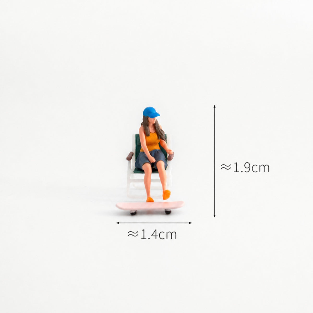 1:64 Street Coffee Miniature Diorama Series - Seated Woman in Blue Hat with Skateboard & Chair Diorama Set