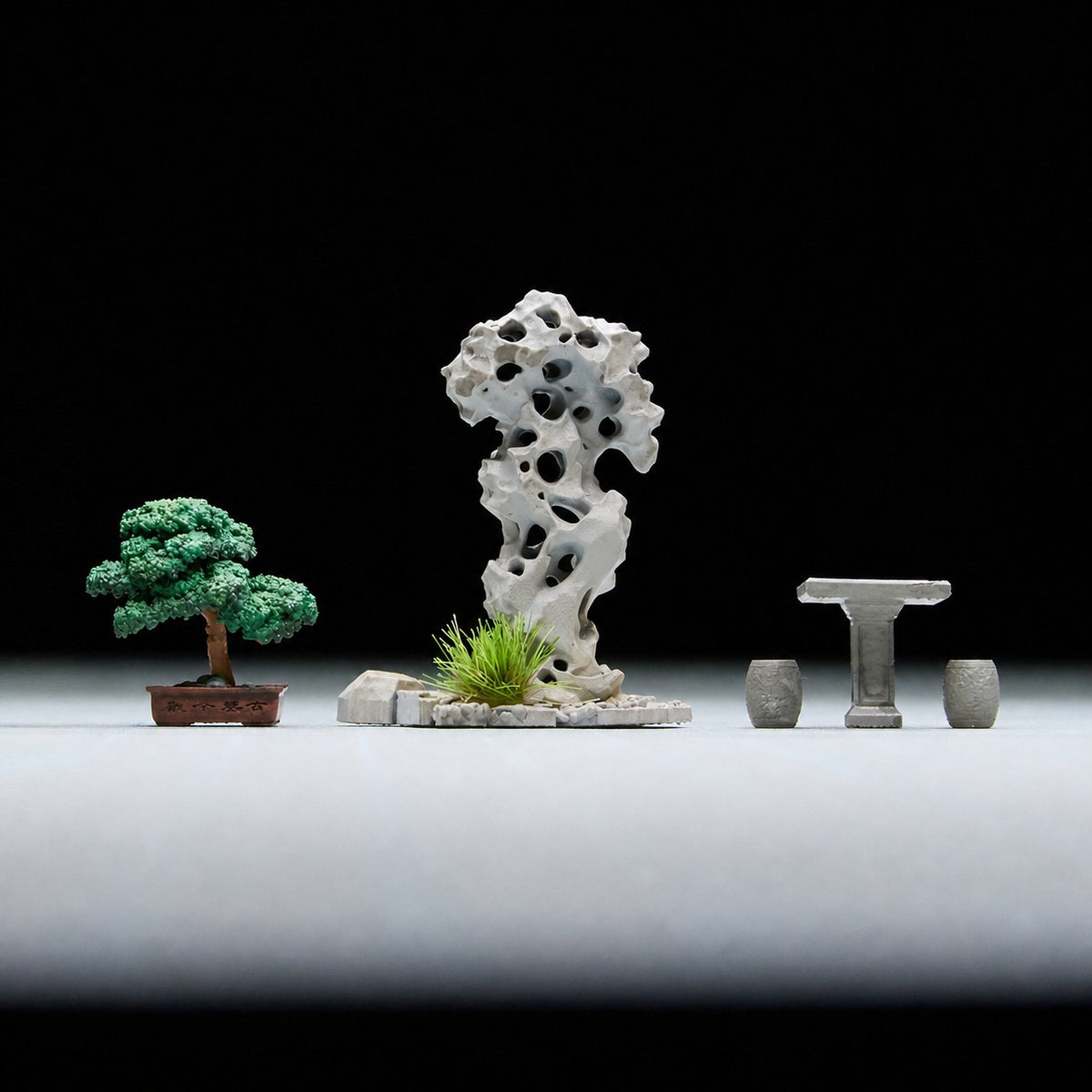 1:64 Chinese Garden Vignette Miniature Diorama Series A - Taihu Rock, Welcoming Pine & Stone Table-and-Stool Prop Set