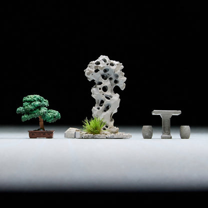 1:64 Chinese Garden Vignette Miniature Diorama Series A - Taihu Rock, Welcoming Pine & Stone Table-and-Stool Prop Set