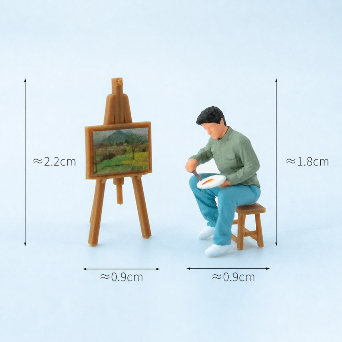 1:64 Artists & Painting Miniature Diorama Series - Seated Male Painter in Green Top with Horizontal Skateboard Diorama Set