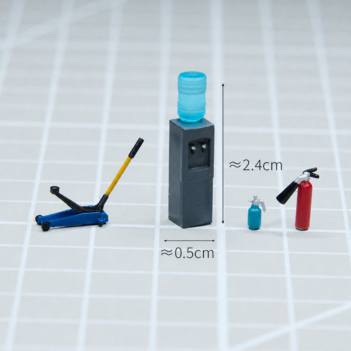 1:64 Auto Repair Shop Miniature Diorama Prop Series B & C - Gray Water Dispenser, Blue Jack, Fire Extinguisher & Blue Spray Bottle Prop Set