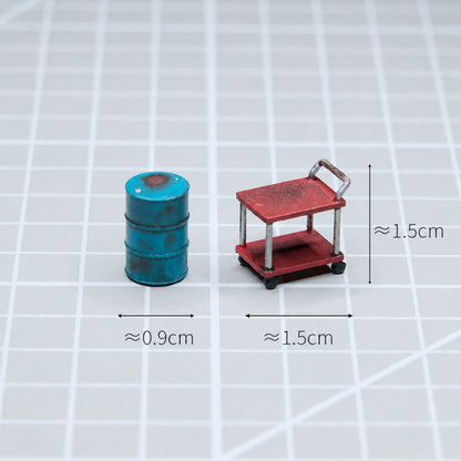 1:64 Auto Repair Shop Miniature Diorama Prop Series B & C - Blue Oil Drum & Red Tool Cart Prop Set
