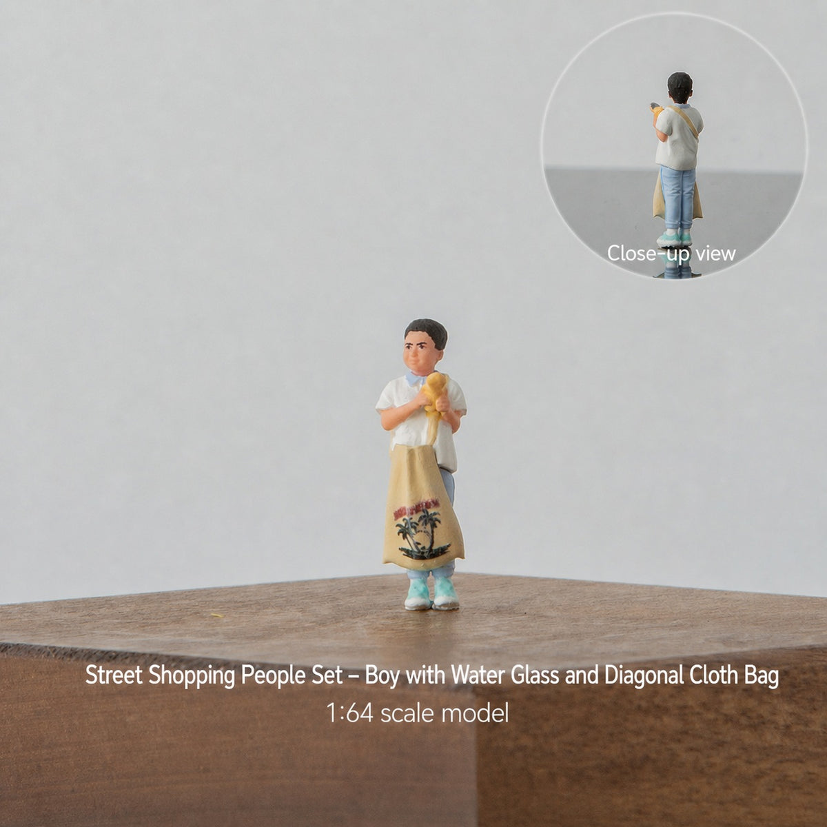 1:64 Street Shopping Miniature Figure Series - Boy with Water Cup & Crossbody Tote Figure
