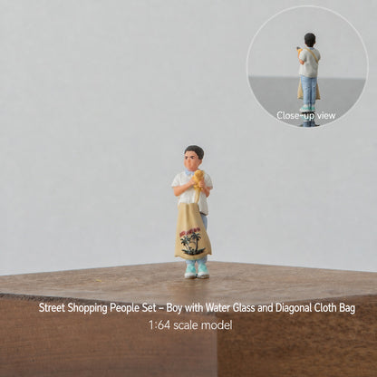 1:64 Street Shopping Miniature Figure Series - Boy with Water Cup & Crossbody Tote Figure