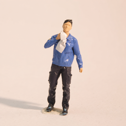 1:64 Material Handling Workers Miniature Diorama Series - Male Worker in Blue Coveralls Wiping Sweat Figure