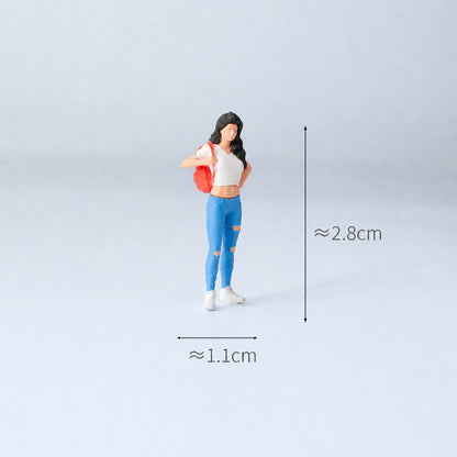 1:64 Everyday Street Scene Miniature Figure Series - Standing Woman in Ripped Jeans with Backpack Figure