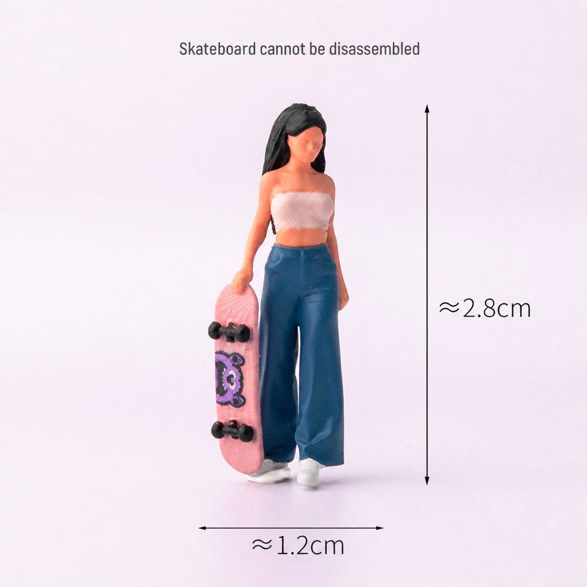 1:64 Skateboarding Miniature Figure Series - Standing Woman in Blue Jeans Holding a Skateboard Figure